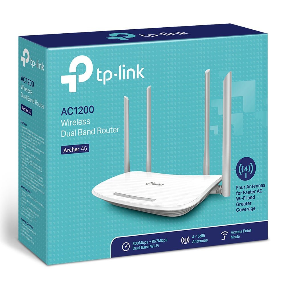 TP-LINK ARCHER A5 (300M@Wi-Fi 2.4G, 867M@Wi-Fi 5G, 4T4R, 4xLAN@100M)